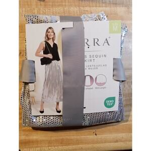 Serra Aldi Sequin Skirt Size Medium Silve MIDI Pleated Pull On Stretch Party NEW